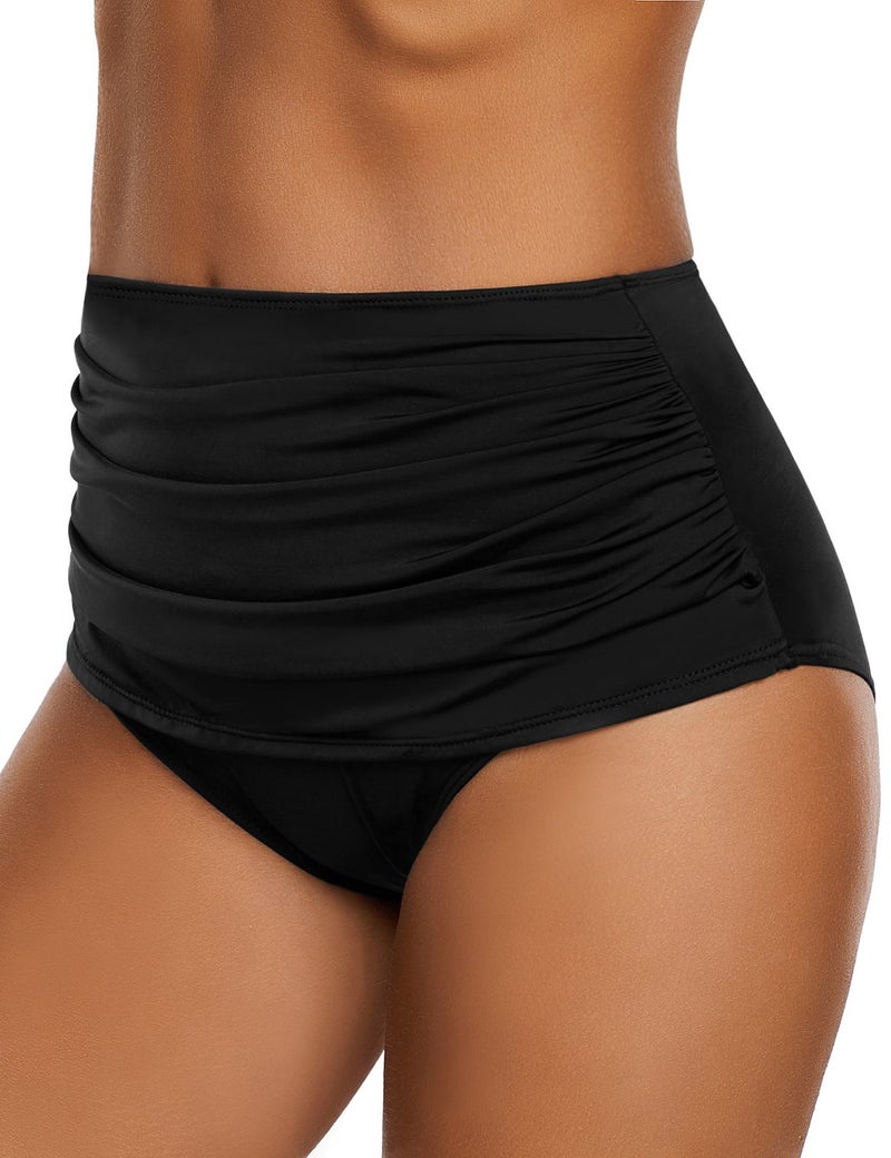 GRAPENT Women's High Waisted Swim Bottom Ruched Bikini Tankini Swimsuit Briefs Size S, Solid Black - Image 2